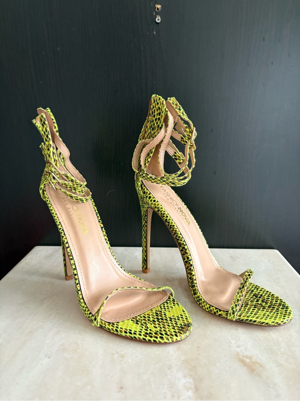 Fashion Nova Neon Lime Snake-Print Ankle Tie Stiletto Heels